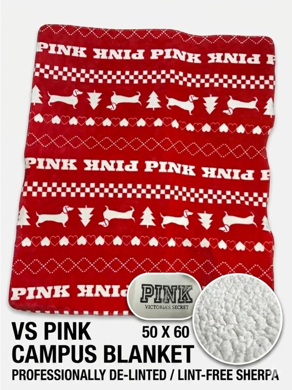 VS PINK Red Fair Isle Dachshund Weiner Dog Sherpa Campus Blanket Christmas Heart